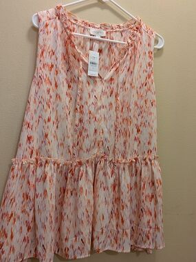 LOFT Tie-Neck Sleeveless Top in Pink and Orange Watercolor Print